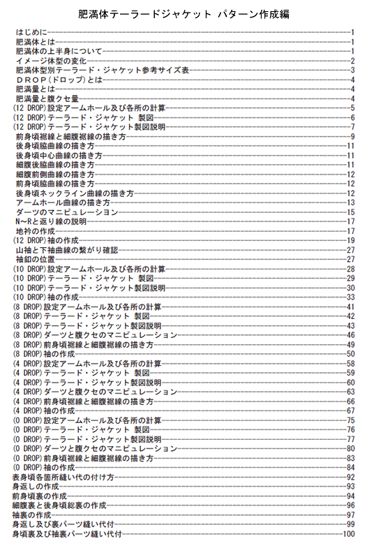 肥満体テーラードジャケット パターン作成編　目次