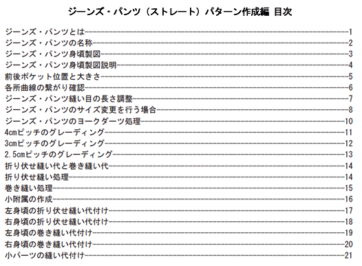ジーンズ・パンツ（ストレート）パターン作成編　目次
